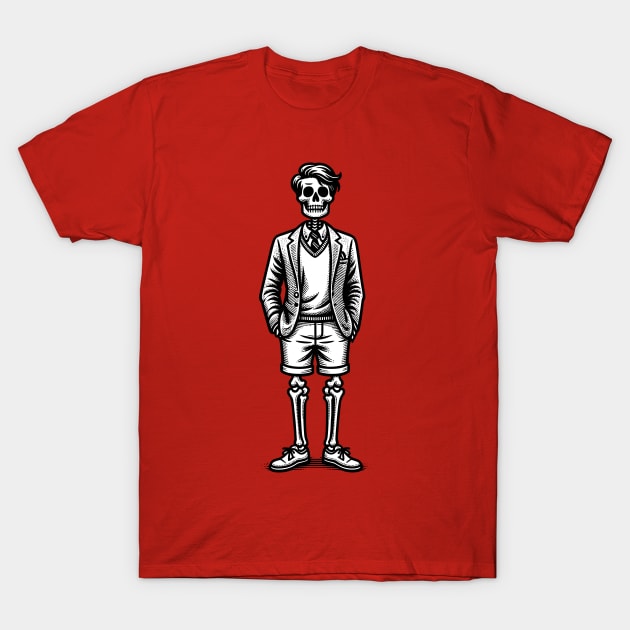Preppy Skeleton - Black and White Line Drawing T-Shirt by Quirk Print Studios 
